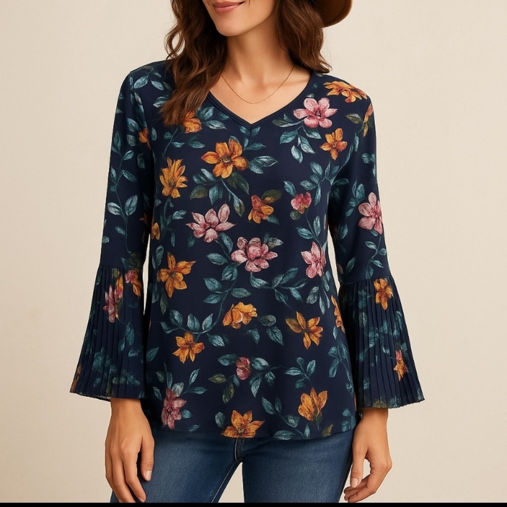 Sioni Blue Multicolor Floral Split Pleated Sleeve Boho Retro Bohemian Top Size M